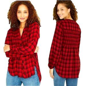 NWT Knox Rose Red Plaid Long Sleeve Smocked Button-Front Top Size Small